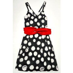 Olimara Women's Black Sleeveless Dress W/White Polka Dots & Red Belt Size 12
